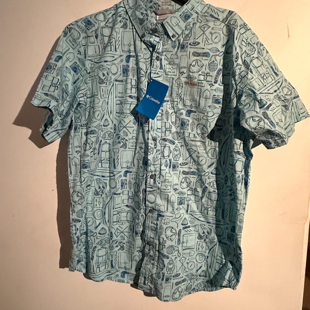 Columbia Mens Medium Button Down Rapid Rivers‎ Fish Camping Print NWT